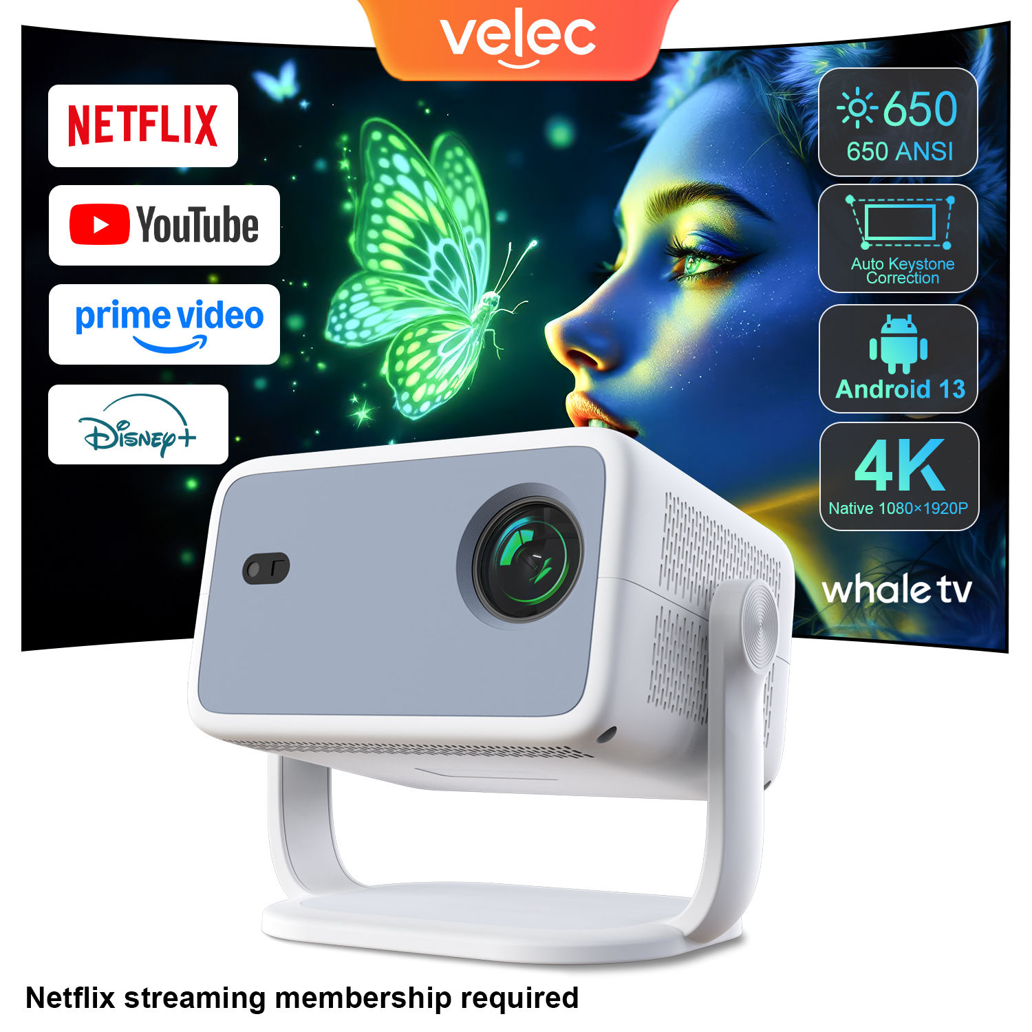Velec TP350 NTV Projector Compatible with Netflix 650ANSI Android 13 Native 1080