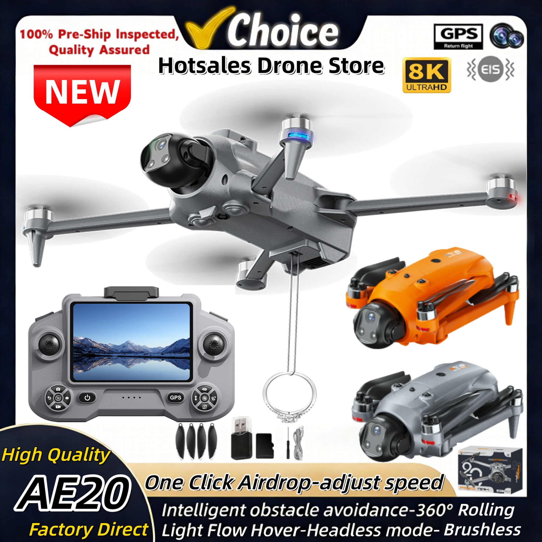 New Quality AE20 Drone GPS One Click Airdrop Brushless Motor Screen Lifting Obst