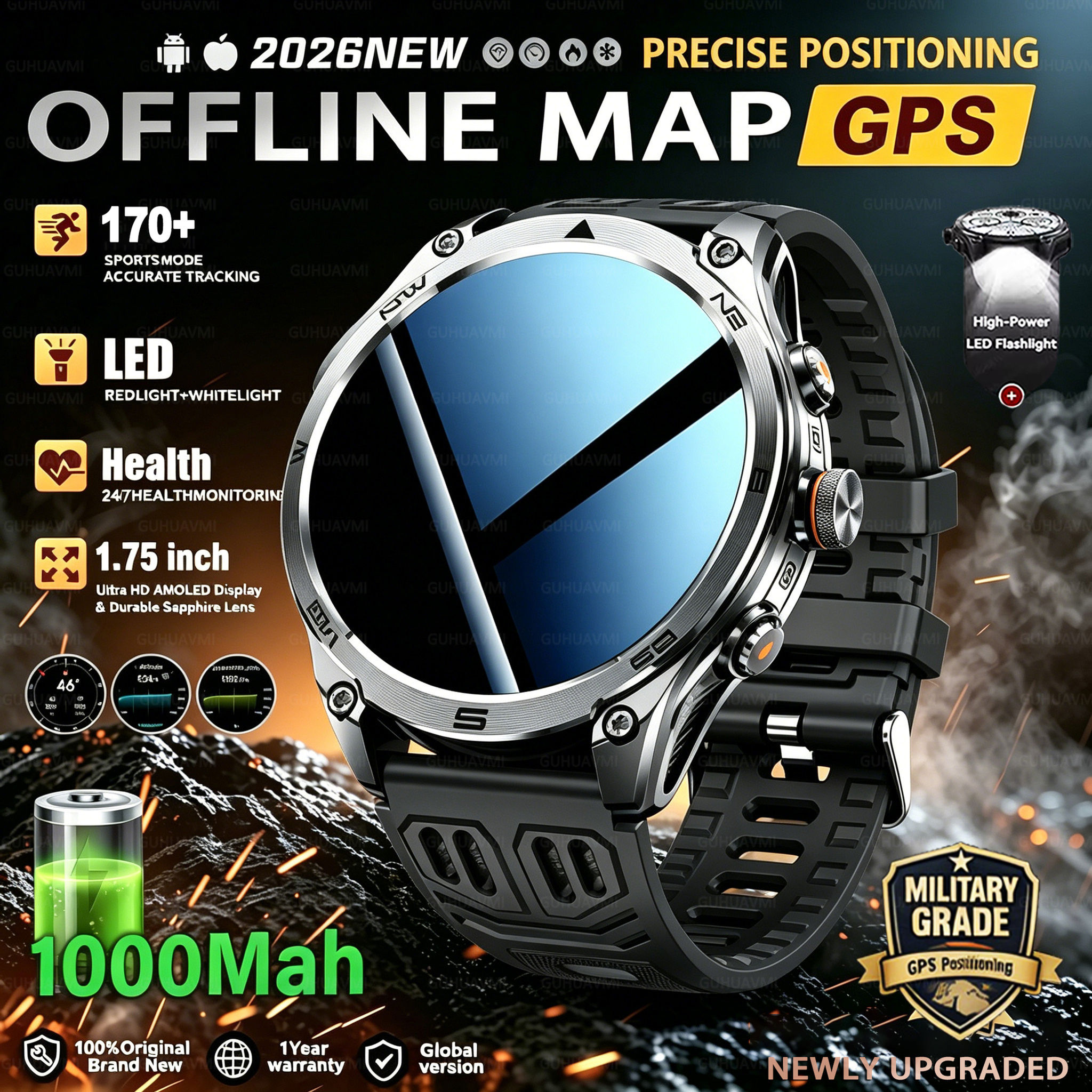 2026New ULtra Military Grade 1000mAh Battery SmartWatch Built in GPS Compass 10A