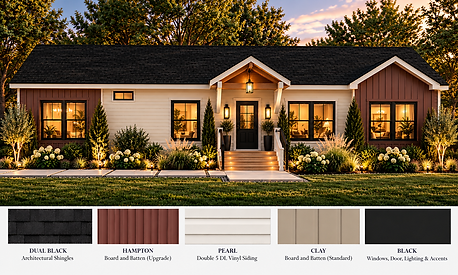Modern Farmhouse at Dusk with Material Palette.png