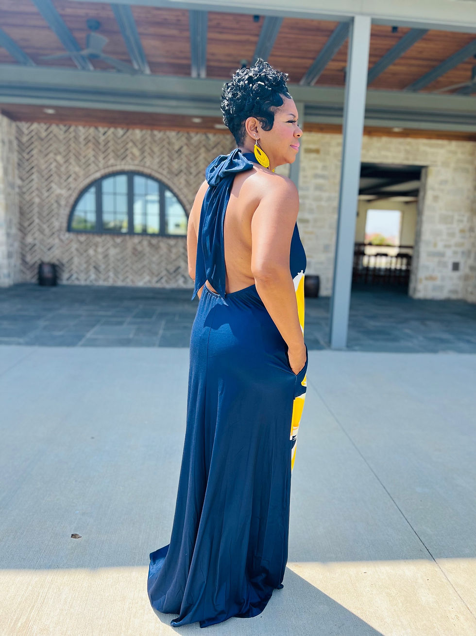 Thumbnail: Flower Printed Halter Maxi Dress (Blue/Yellow) (White/Yellow