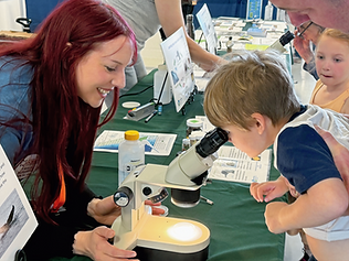 A young child looks into a microscope while an adult exhibitor kneels beside him during a hands-on science activity at North Bay Science Discovery Day.