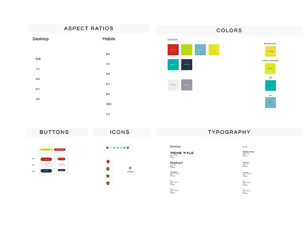design system including image aspect ratios , brand colors, buttons, icons and typography
