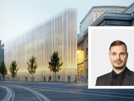 New build at Staatstheater Augsburg with a picture of Peter Nietsch from HENN Architekten