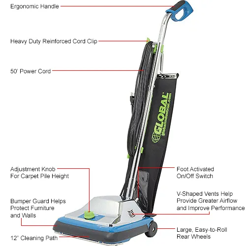 Global Commercial Upright Vacuum 12" Cleaning Width 1 Each