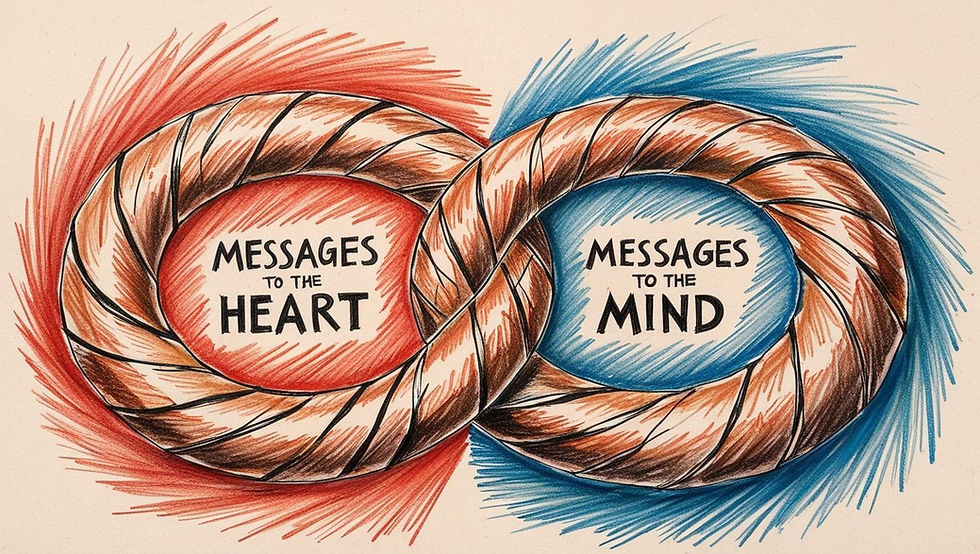 Twisted rope with "messages to the heart" and "messages to the mind" written out.