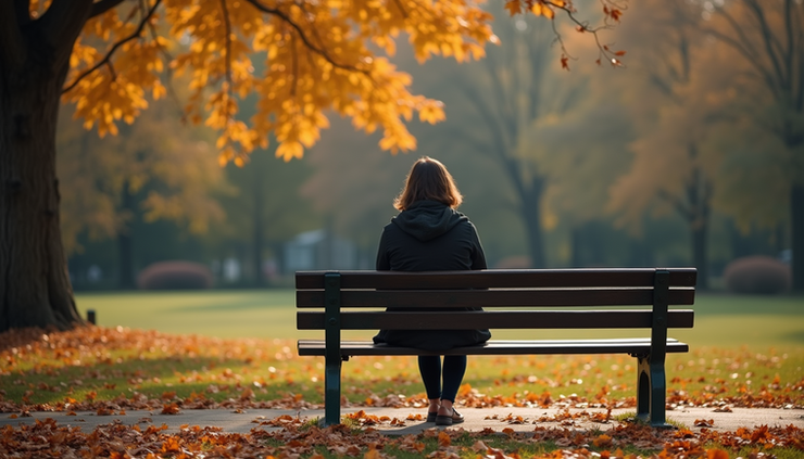 Eye-level view of a person sitting alone on a park bench during autumn, surrounded by fallen leaves