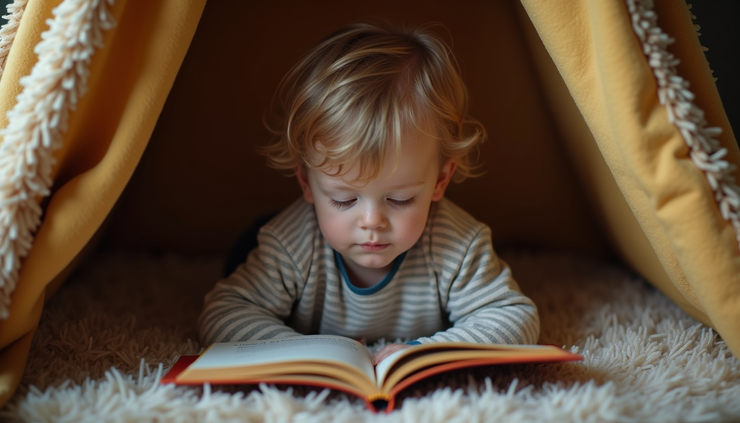 Eye-level view of a child sitting quietly with a storybook in a cozy reading nook