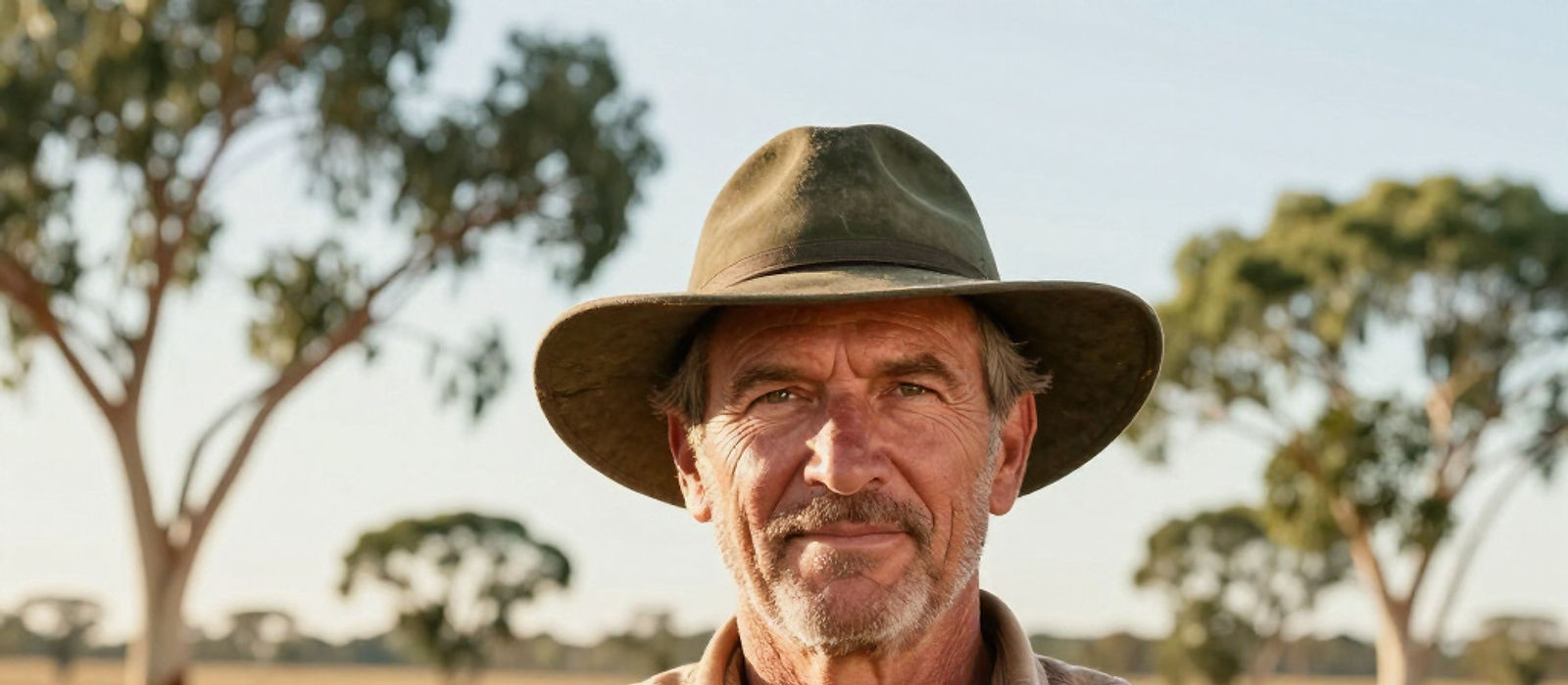 A farmer with his arms folded, standing in a dry paddock with gum trees behind him