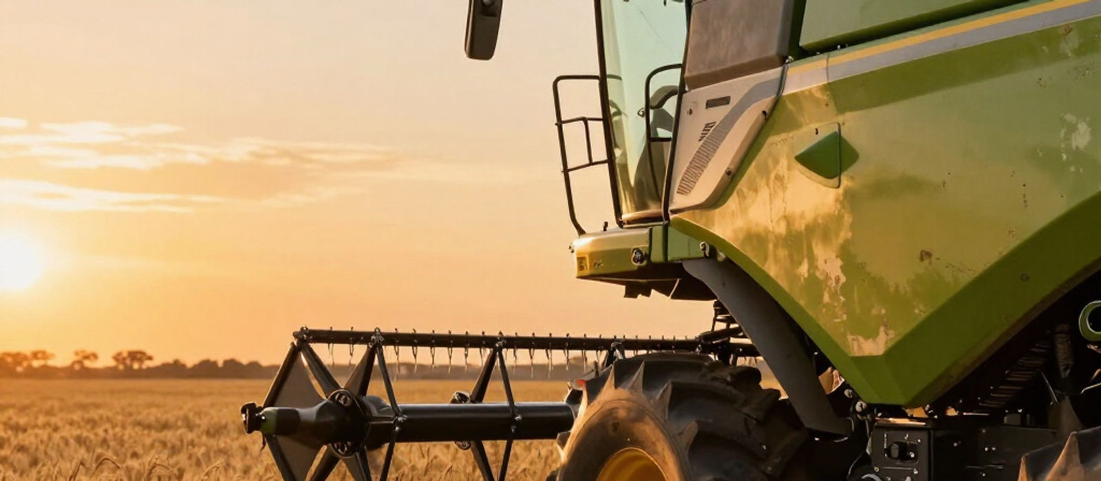 A combine harvester in a ripe wheat crop at sunset