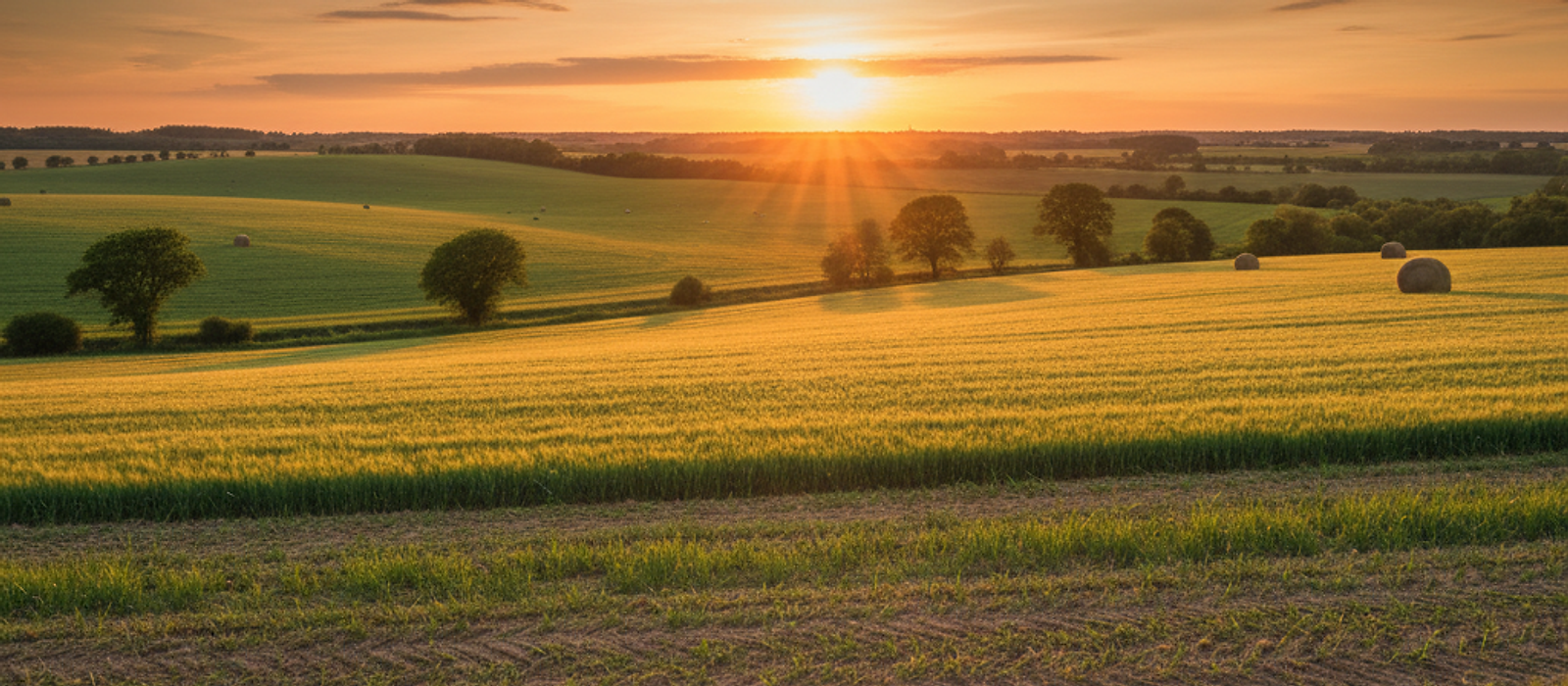 A wheat field at sunset with round hay bales and trees