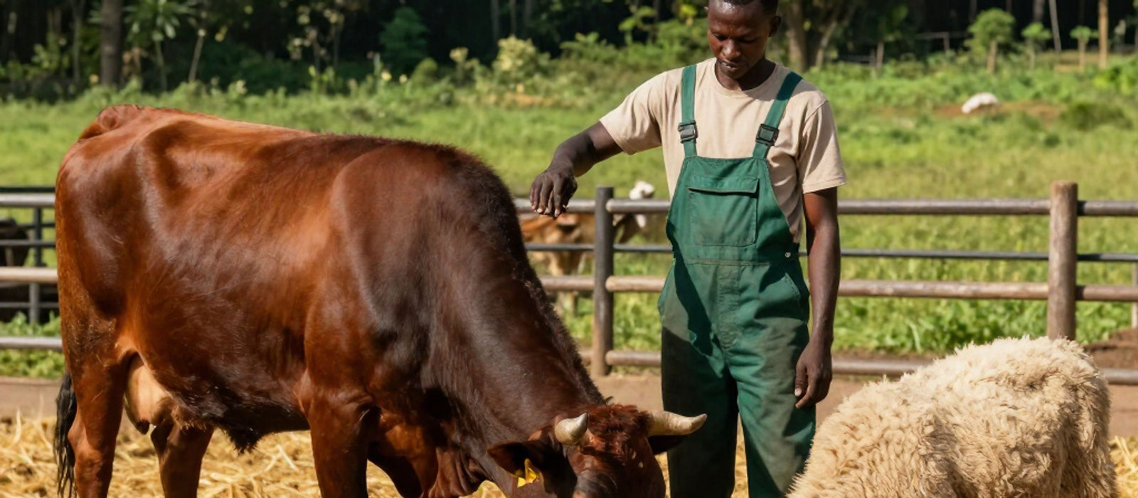 A farmer in overalls feeding hay to a cow and a sheep in a timber-railed yard