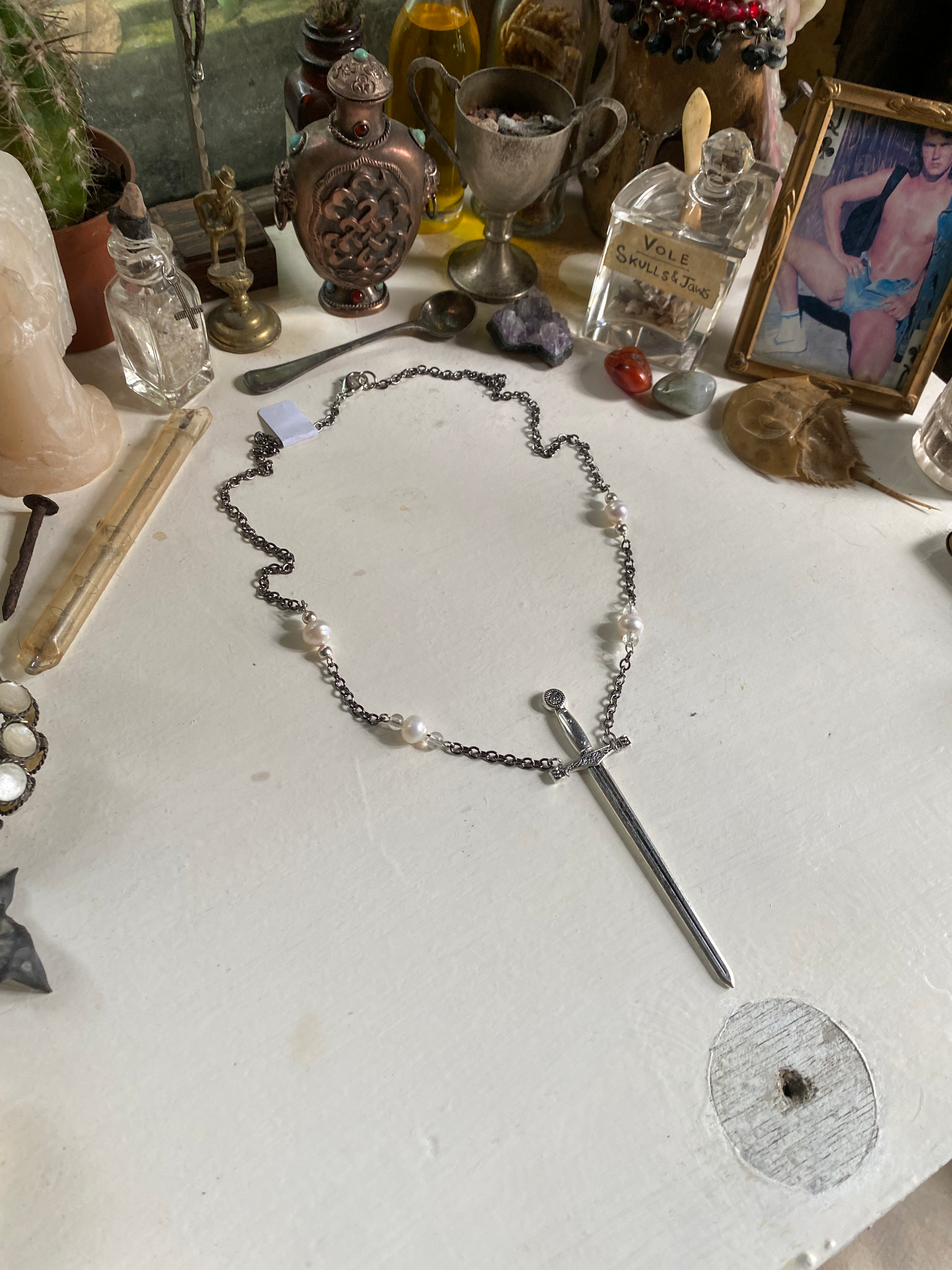 Sword and Imitation Pearls Chain Necklace