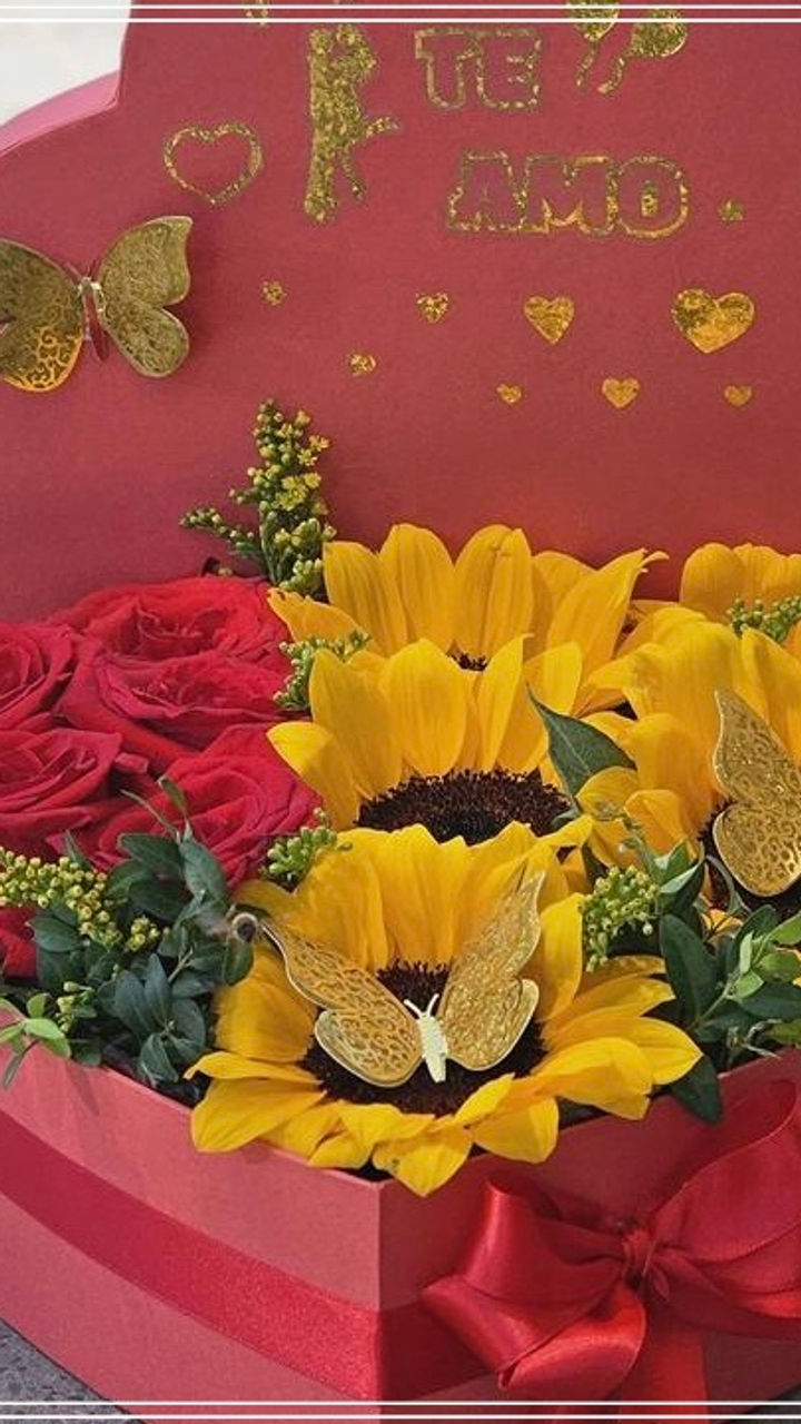 Caja romantica rosas y girasoles 