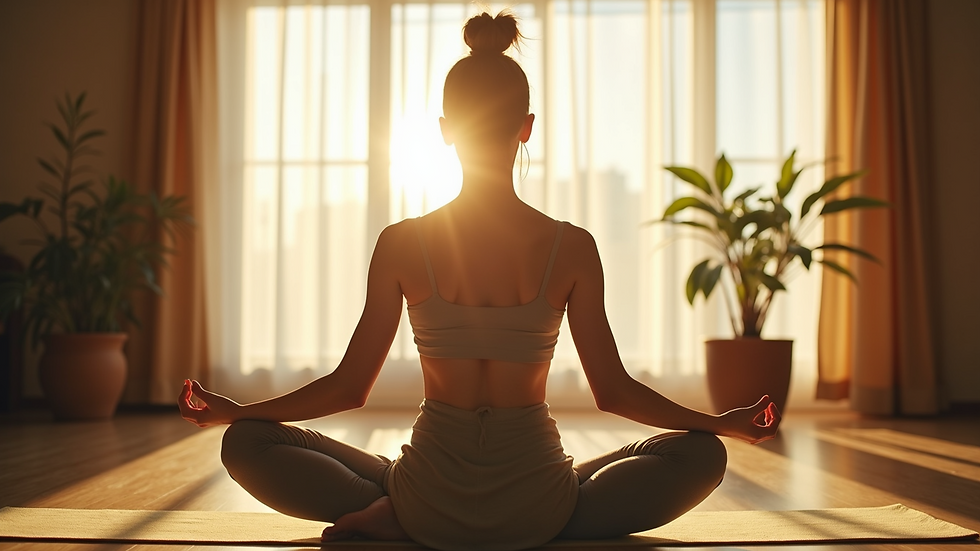 Eye-level view of a person practicing yoga in a serene environment