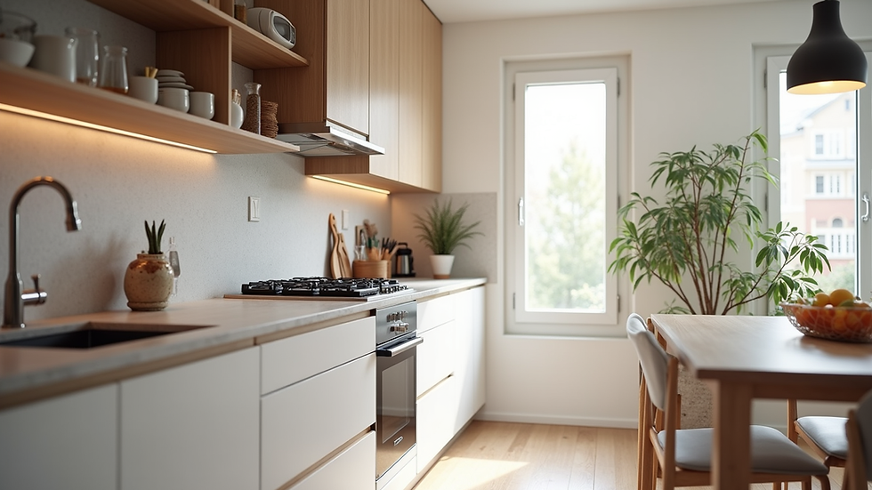 Eye-level view of a modern kitchen renovation with new cabinets and countertops