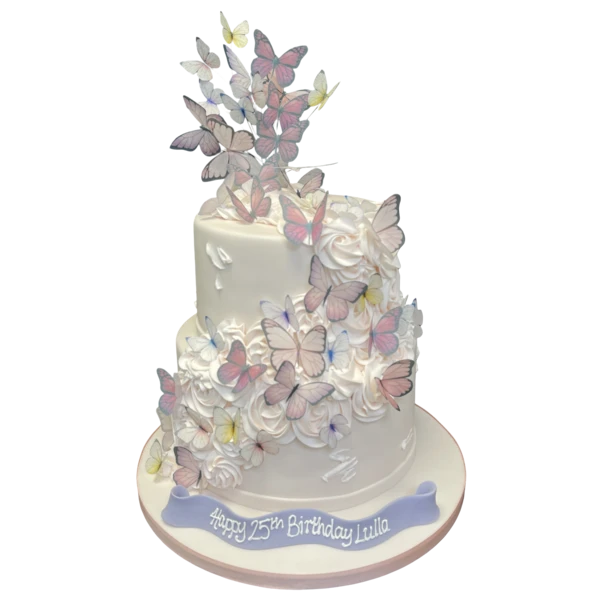 Bespoke Butterfly Cascade cake with colorful sugar butterflies and cascading floral details in Solihull, West Midlands.