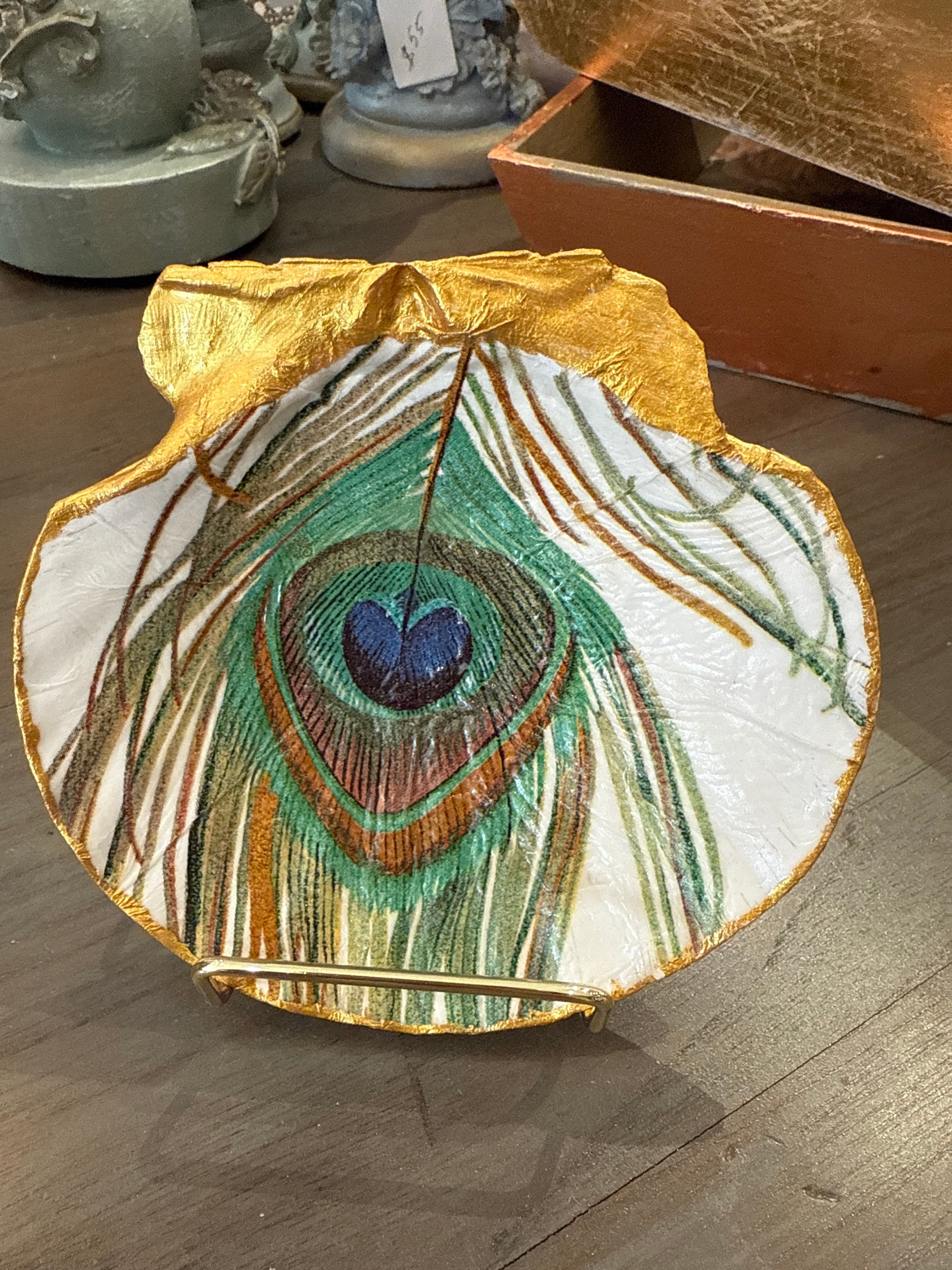 Handcrafted Scallop Shell With Peacock Feathers