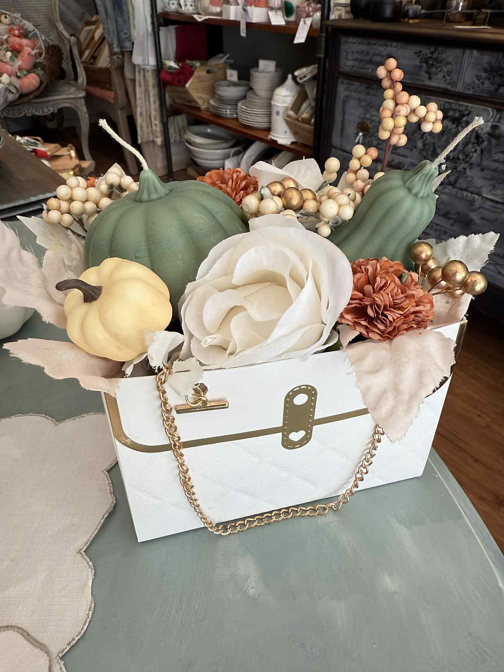 Thumbnail: Hand crafted in-house Fall arrangement with pumpkin candles