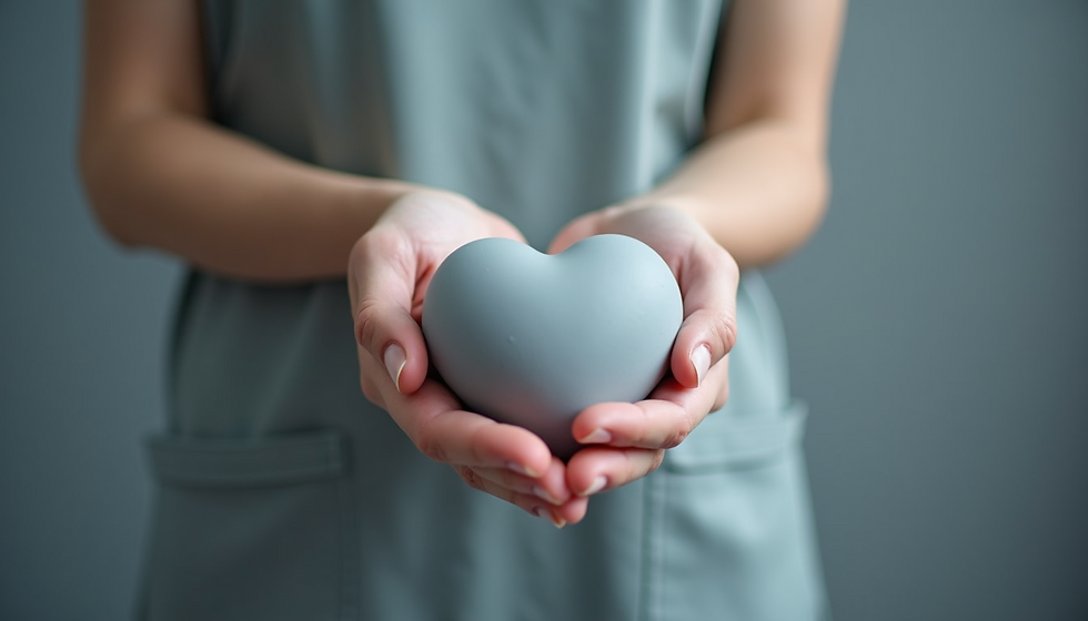 Woman's hands gently hold a gray heart.