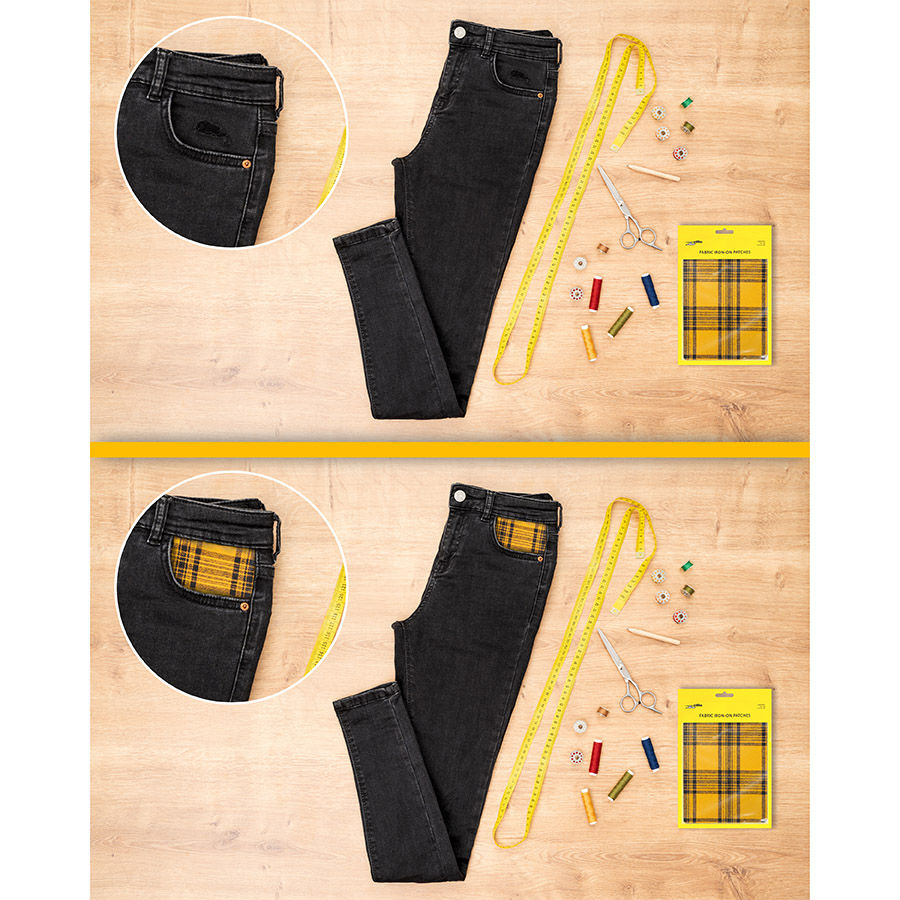 Jeans Upcycling mit gelbem Karo-Patch – Vorher-Nachher DIY Look.