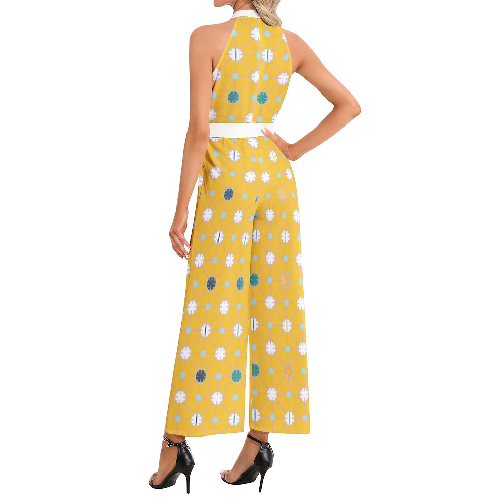 Thumbnail: Golden Halter Neck Buckle Belted Jumpsuit