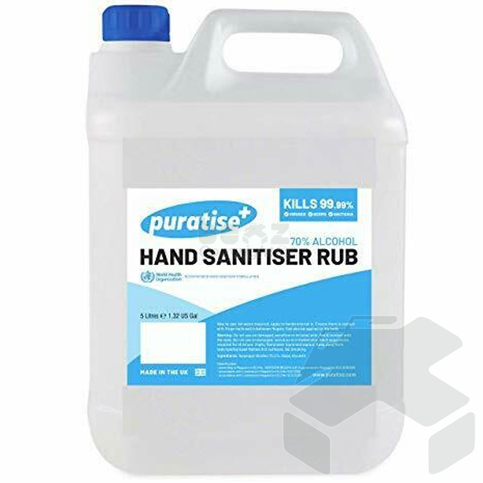 Puratise Hand Sanitiser LIQUID RUB 5L Litre Kills 99% Bacteria Hand 70% Alcohol