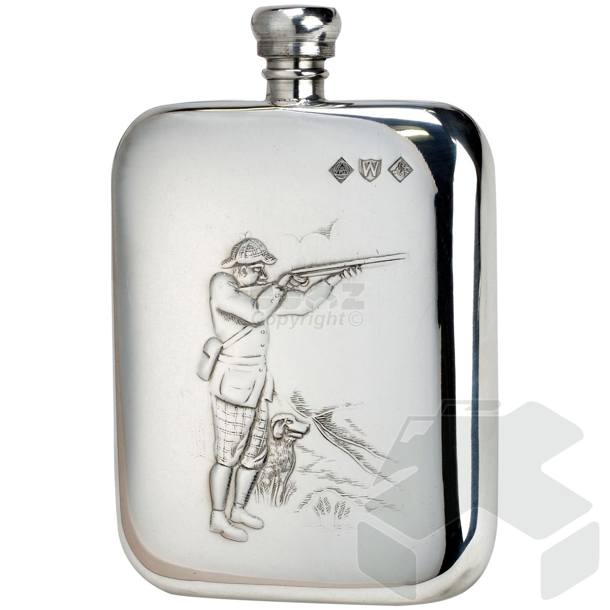 Bisley 6oz Shooter and Dog Pewter Rounded Hip Flask