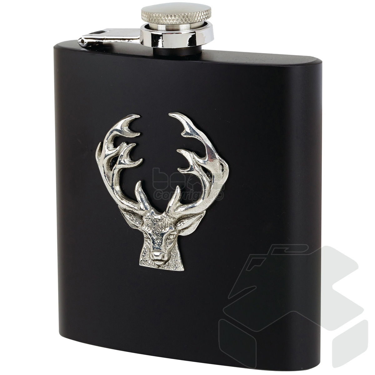 Bisley 6oz Black Stainless Hip Flask with English Pewter Stag Motif