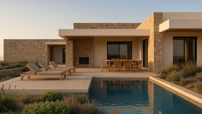 Contemporary villa with monolithic geometries, natural stone cladding, and a calm outdoor living area framed by a private pool and Mediterranean landscaping