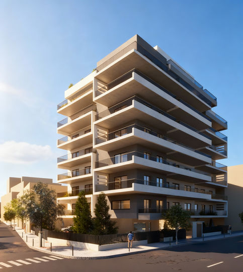 A contemporary residential landmark, defined by bold horizontal terraces and a sculpted, stepped massing that lightens the building as it rises. Generous wrap-around balconies extend the living spaces outdoors, offering privacy, shade, and wide urban views, while transparent glass balustrades preserve a clean, floating profile.