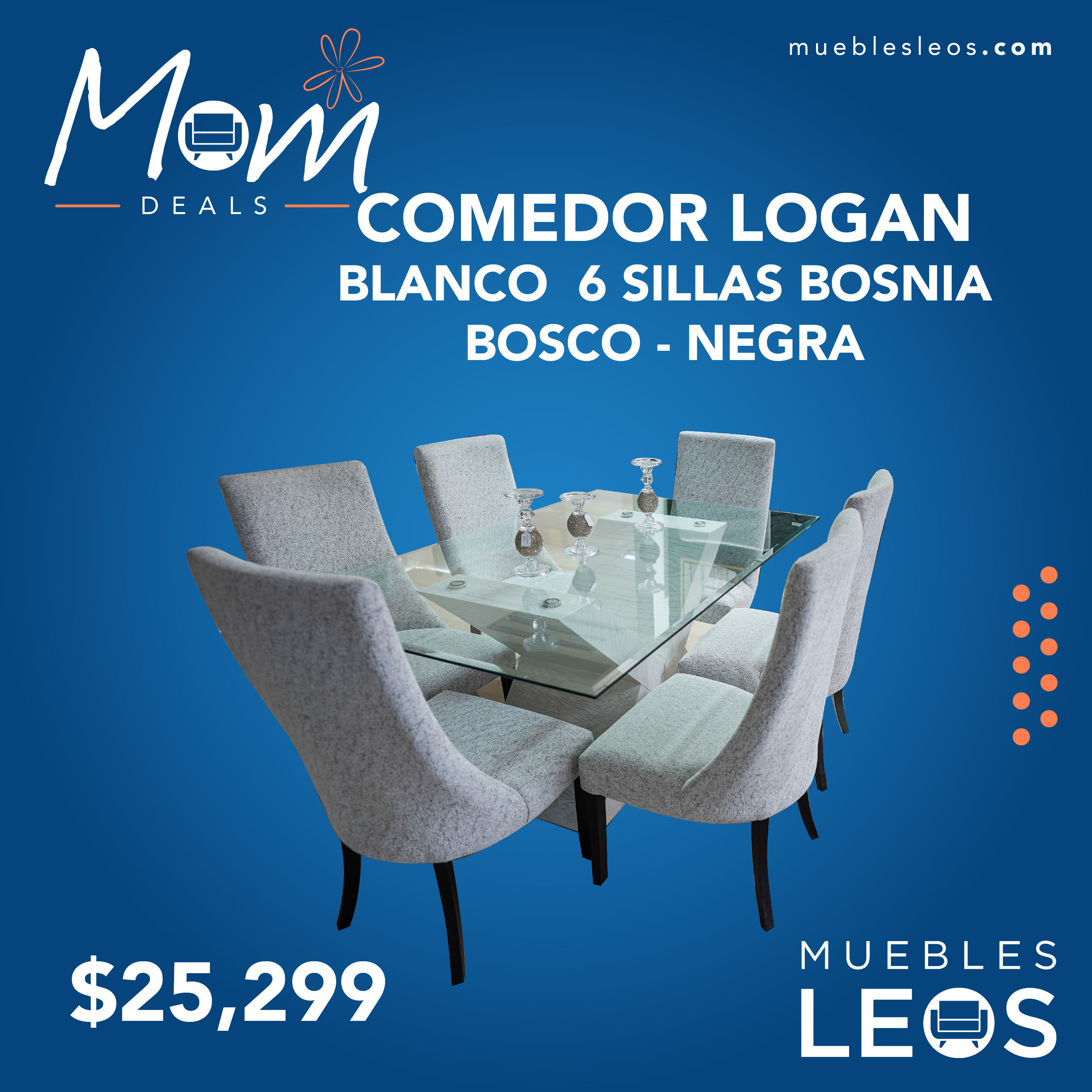 COMEDOR LOGAN BLANCO 6 SILLAS BOSNIA BOSCO - NEGRA