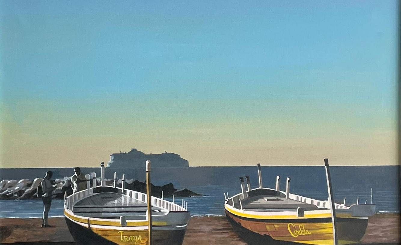 Acrylic painting titled Progreso, depicting a serene coastal scene at dusk. Two traditional wooden fishing boats, named Traya and Coda, rest on the shore, their warm yellow and brown hues contrasting against the dark sand. Two silhouetted figures stand nearby, engaged in quiet conversation. In the background, a large ship drifts on the horizon, framed by the calm sea and a sky transitioning from soft golden tones to deep blue. The painting captures a moment of stillness and contemplation, blending realism with atmospheric light to evoke themes of transition and progress.