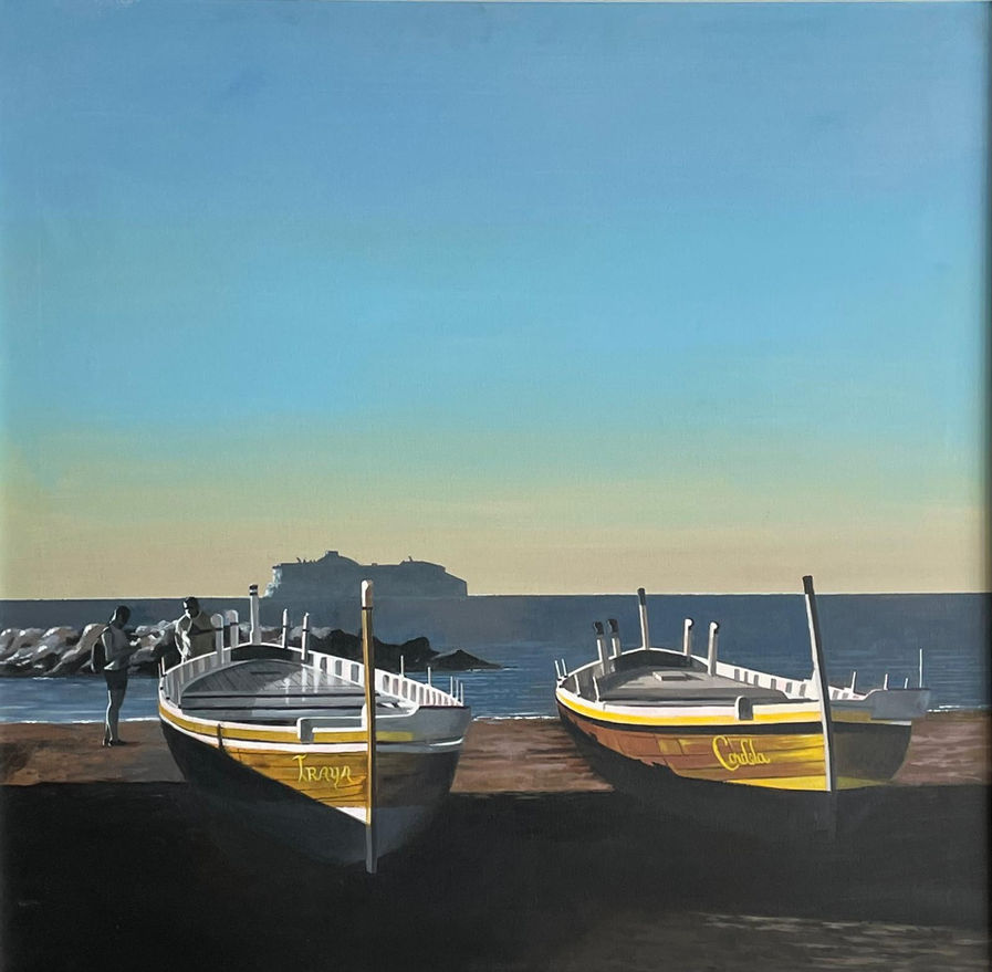 Acrylic painting titled Progreso, depicting a serene coastal scene at dusk. Two traditional wooden fishing boats, named Traya and Coda, rest on the shore, their warm yellow and brown hues contrasting against the dark sand. Two silhouetted figures stand nearby, engaged in quiet conversation. In the background, a large ship drifts on the horizon, framed by the calm sea and a sky transitioning from soft golden tones to deep blue. The painting captures a moment of stillness and contemplation, blending realism with atmospheric light to evoke themes of transition and progress.