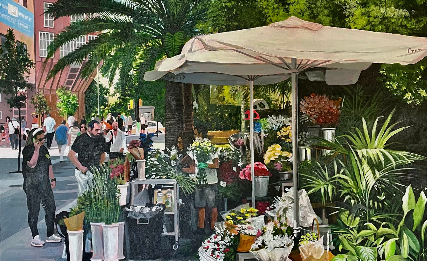 Acrylic painting of florists at Alameda Principal in Málaga, showcasing vibrant flowers, lush greenery, and bustling city life.