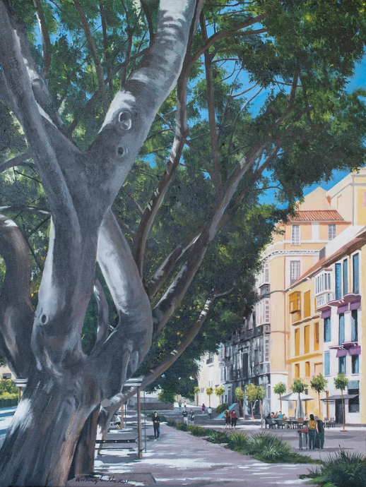 Acrylic painting of Alameda Principal in Málaga, showcasing towering trees along a lively street with colourful buildings and people enjoying the shaded walkways.