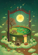 couple standing on curved bridge above glowing moon in floating miniature landscape