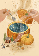 dreamlike illustration of pumpkin opening to reveal miniature night landscape with moon and houses