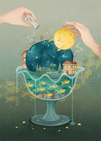 dreamlike surreal illustration of moon resting on floating landscape inside glass vessel with fish and tiny houses