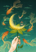surreal illustration of golden fish swimming around moon inside blooming flower held by hand