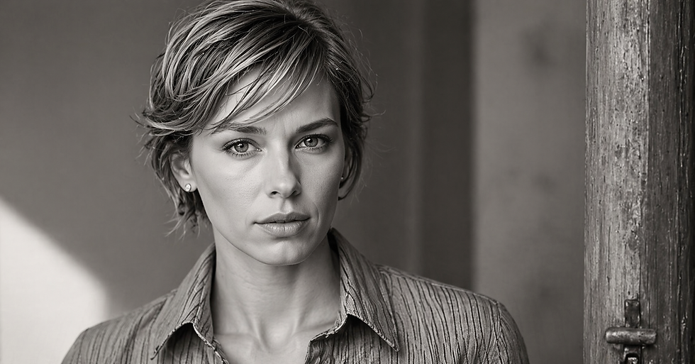 Mulher com cabelo curto pixie e expressão séria, em preto e branco. Fundo desfocado e coluna de madeira ao lado, criando um clima introspectivo.