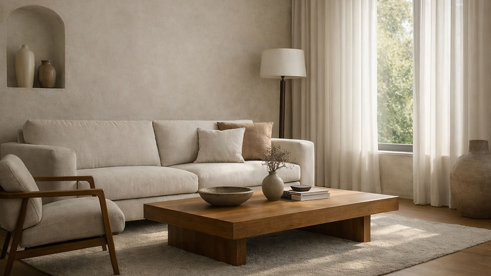 Sala minimalista com sofá bege, poltrona e mesa de madeira. Vasos decorativos e cortinas brancas filtram luz natural. Ambiente sereno.
