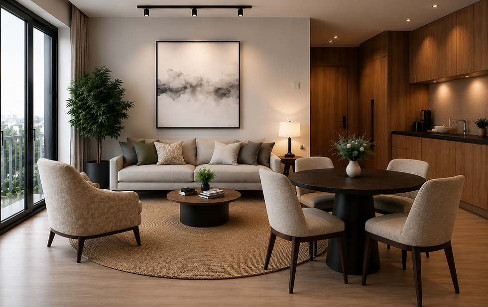 Sala moderna com sofá beige, mesa redonda preta, poltrona e plantas. Quadro abstrato na parede, luz suave e cozinha ao fundo.