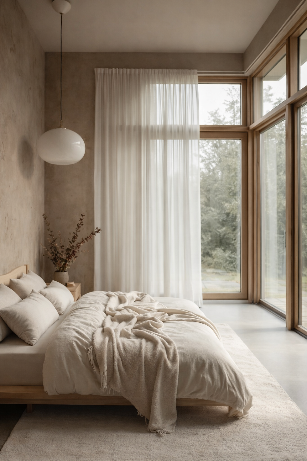 Quarto minimalista com cama de edredom bege, manta e almofadas. Parede e cortinas brancas. Janela grande com vista para árvores. Atmosfera serena.