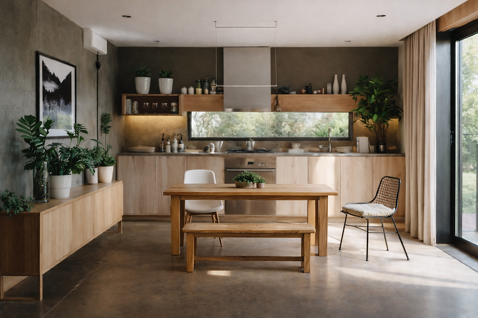 Cozinha moderna com plantas, mesa de madeira, cadeiras brancas e pretas. Grandes janelas, luz natural, ambiente aconchegante e elegante.