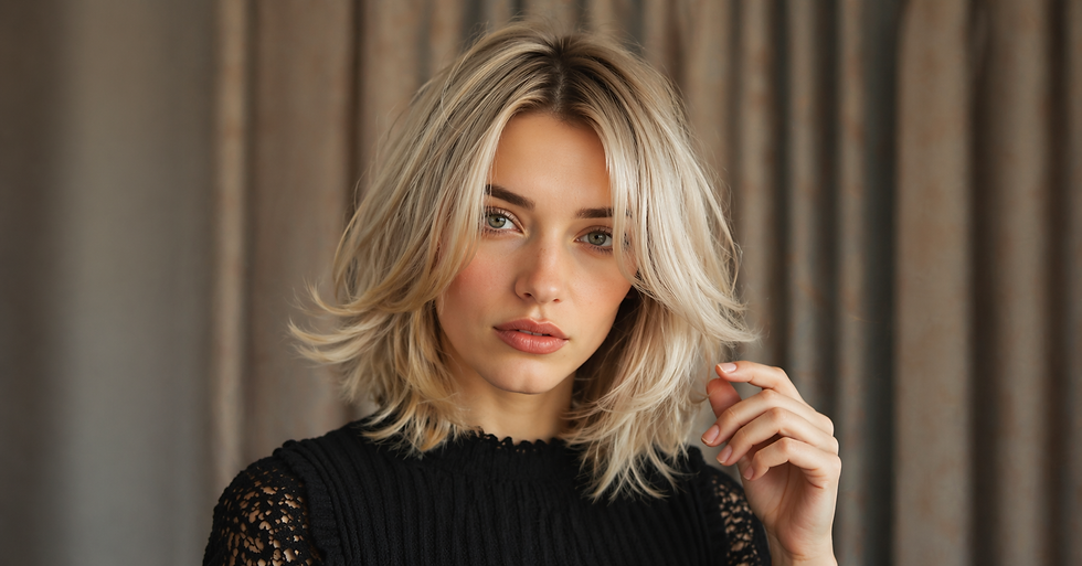 Mulher com cabelo loiro e curto, veste blusa preta rendada. corte de cabelo médio em camadas repicada