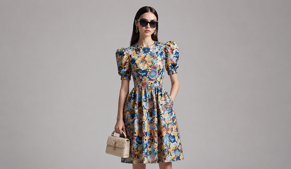 Mulher posa em estúdio cinza, com vestido floral colorido, óculos escuros e bolsa bege YSL; look elegante e confiante.