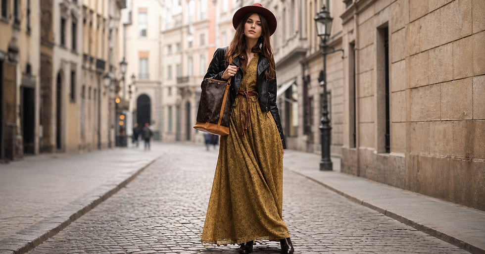 Como usar estilo country feminino moderno com elegância Mulher de chapéu e vestido amarelo caminha em rua de paralelepípedos. Fundo urbano, prédios antigos, atmosfera casual e elegante.