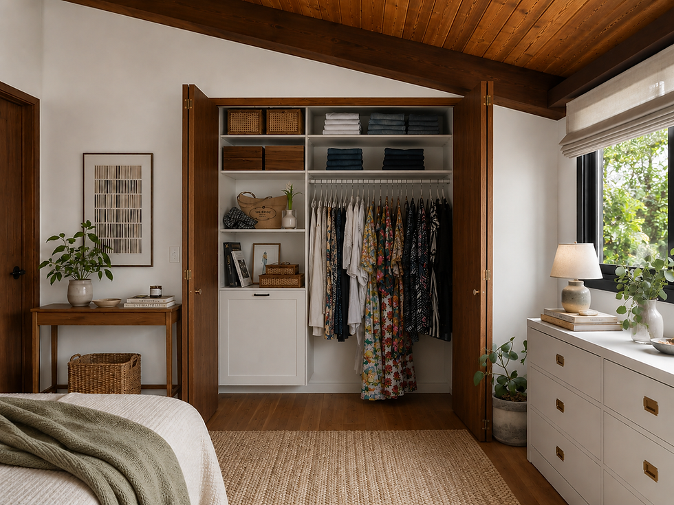 Quarto acolhedor com closet aberto, camisas e vestidos pendurados, cômoda branca, madeira escura e luz natural.