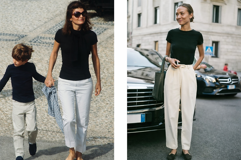 Dois looks femininos com blusa preta e calça clara em décadas diferentes ilustrando como o estilo atemporal permanece elegante ao longo do tempo.